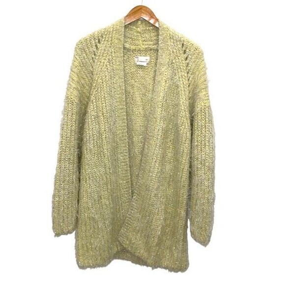 Anthropologie Womens Larkin Shimmer Metallic Fuzzy Eyelash Cardigan Yellow Large - Picture 1 of 8